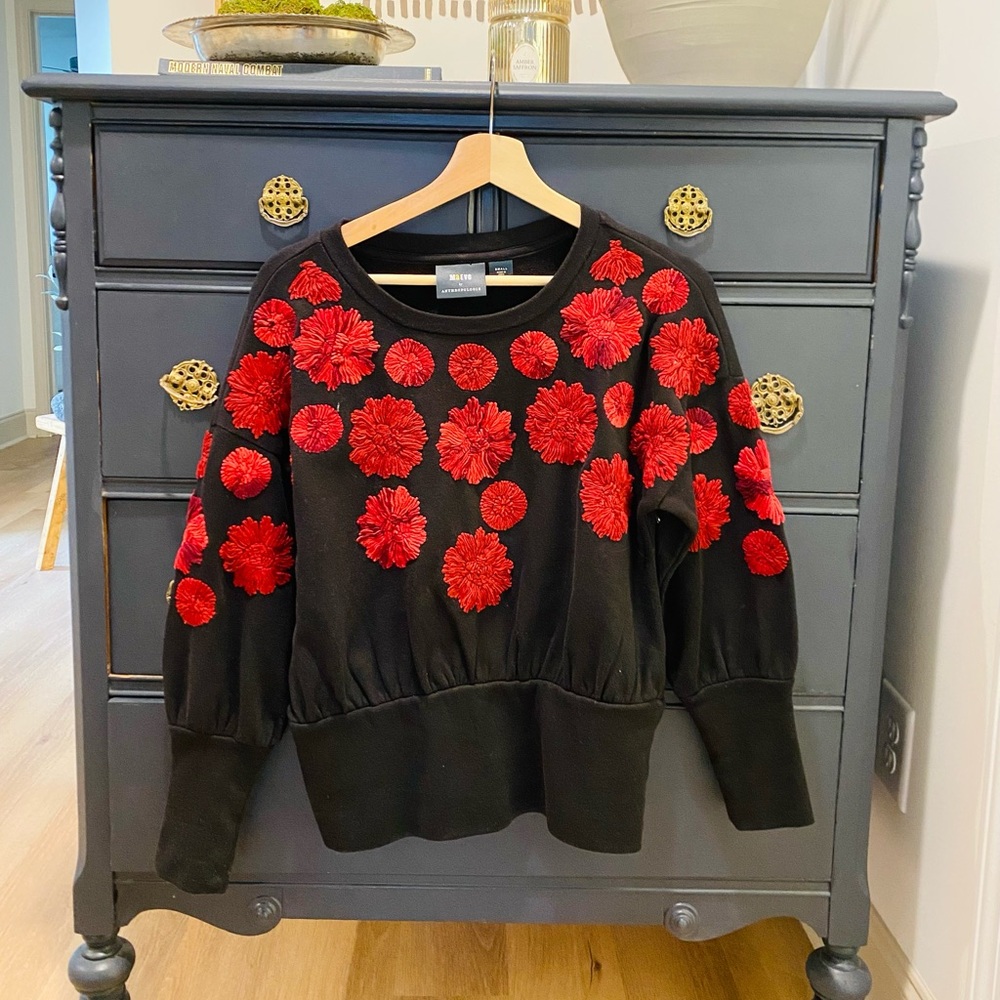 Anthropologie Black Top with Red Floral Accents